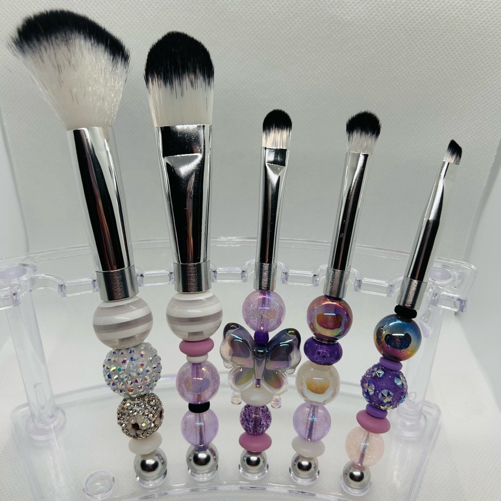 Iridescent Butterfly Beaded Makeup Brush Set (Silver/Black)